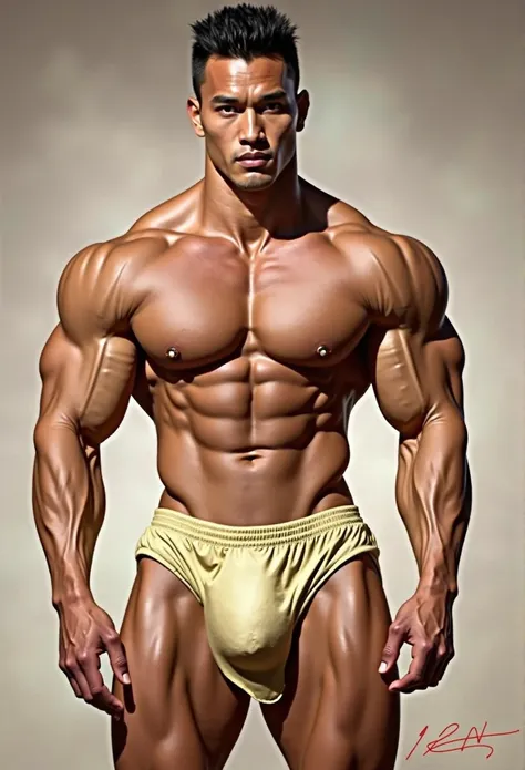 Hyper muscular naked realistic Thai man, hyper realistic, detailed face, detailed muscular realistic, six pack ,huge penis 