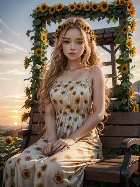 a very beautiful attractive elf, curly blonde hair, brown eyes, wearing a long floral dress with sunflower flowers, with a bench in the background with a flower arch, and an incredible view of the sunset