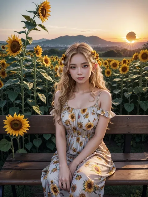 a very beautiful attractive elf, curly blonde hair, brown eyes, wearing a long floral dress with sunflower flowers, with a bench in the background with a flower arch, and an incredible view of the sunset