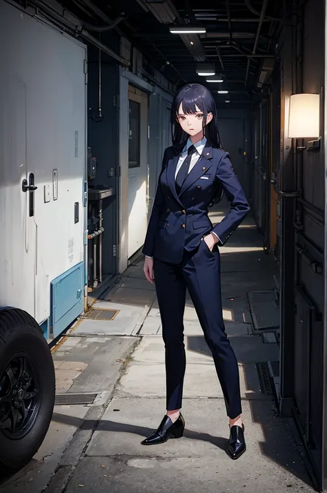 1woman, navy hair, navy eyes, suit, standing on ground, high res, ultra sharp, 8K, masterpiece