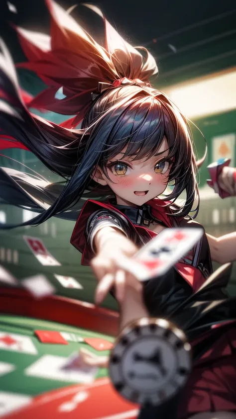 cheered up girl with poker cards and poker chips, 1 girl, hits, blurred, cheered up, Long Hair Only, blurred, ,blurred face