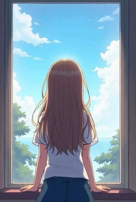 an adorable anime girl with straight and wavy hair looking out the window and the drawing view is facing forward
