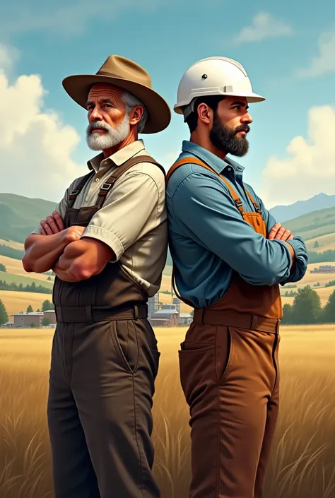 2 people smiling with arms crossed, a farmer with a hat and an industrial engineer with a white helmet and apron. Both in profile and from behind. both men. Full body image.