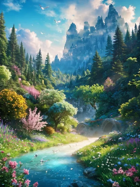 masterpiece, 最high quality, high quality,Very detailed CG unity 8k wallpaper, Enchanting and dreamy fantasy forest scenery, Seven-Colored Garden, Valley of the Fairies with a River Flowing Through It, Mysterious and fascinating, Sky Blue Sky, White dove fl...