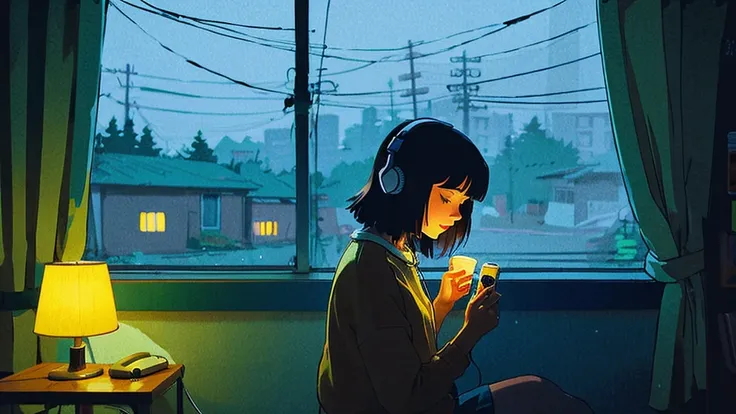 night、Girl listening to music in a cozy room, Use headphones, 2D Style Anime,  Rain outside the window、Analog Color Theme、Ghibli style、neon