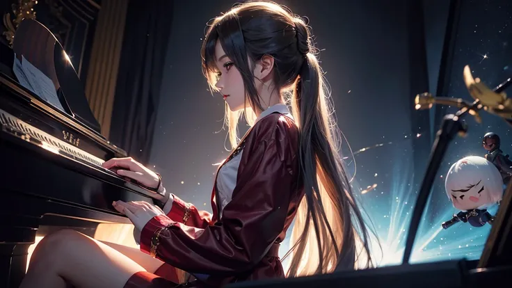 Create an illustration of an anime-style character sitting in front of a grand piano, Play the keys. Characters must be positioned so that their profile is visible, It&#39;s clear that they are fascinated by the piano.. The character must be wearing a colo...