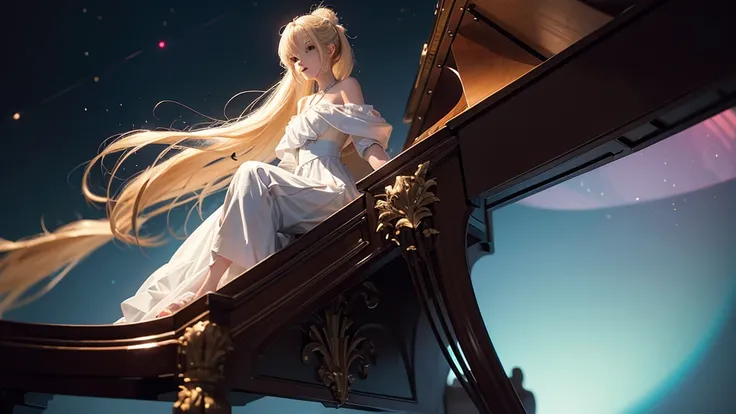 Create an illustration of an anime-style character sitting in front of a grand piano, Play the keys. Characters must be positioned so that their profile is visible, It&#39;s clear that they are fascinated by the piano.. The character must be wearing a colo...