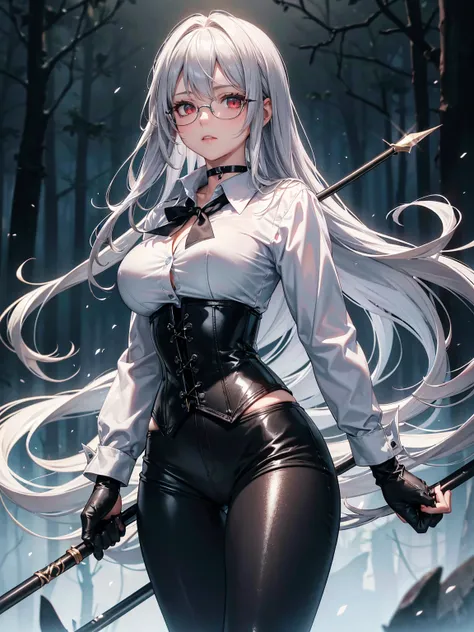 masterpiece, Superior image quality, High resolution, 4k image,photo and gross, photorealistic, whole body, 1 girl, standing, {{{vagina}}}, beautiful face, Long wavy silver hair, Red eyes, very detailed eyes, shy expression, Glasses, choker:1.6, (white lon...