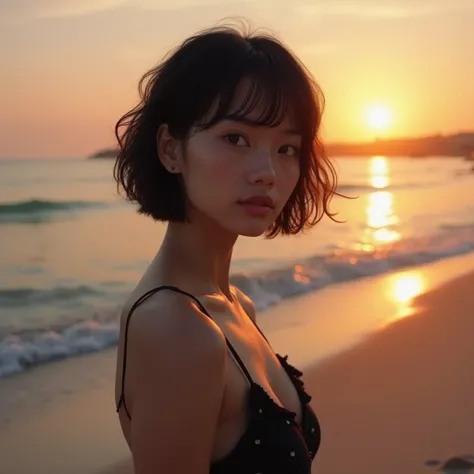 Female Model、Seaside at sunset、Short black hair、Tall and cool