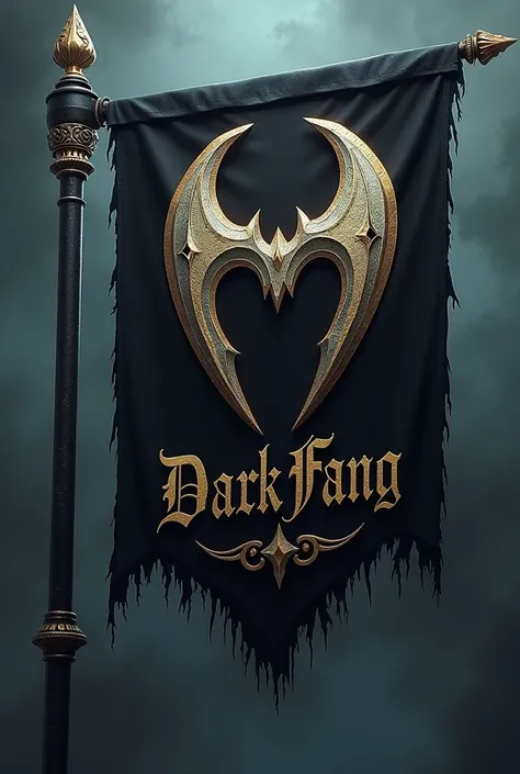 Create a flag for a group of mercenaries with a large fang in the center and the words "Dark fang" DND style
