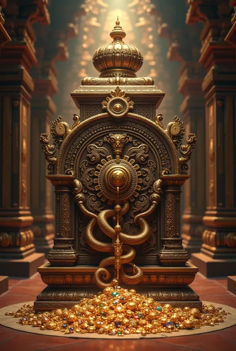 Create an ultra 8K HD image depicting the Anantha Padmanabhaswamy treasure, with a focus on the traditional Nagabandham security lock. The image should capture the intricate details of the lock, showcasing its ornate design and craftsmanship. The treasure ...