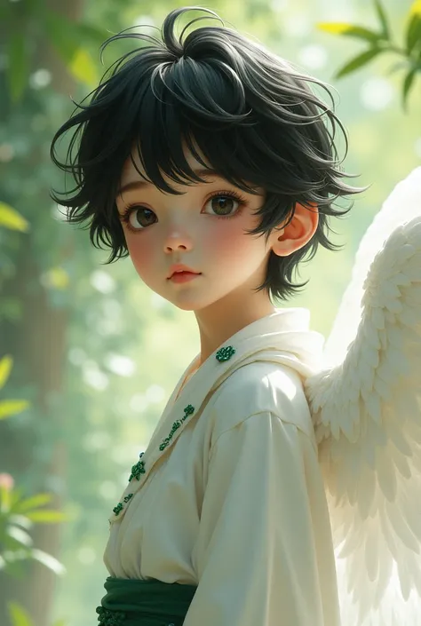 Create an angel boy image, front with black hair and white clothes with green