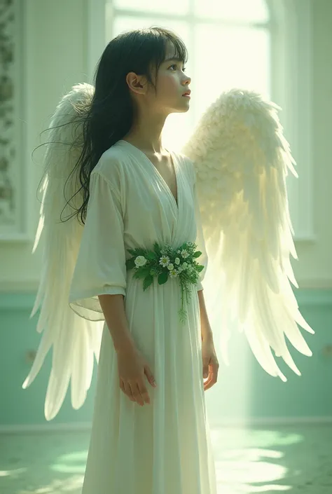 Create a full body angel boy image from the front with black hair and white clothes with green