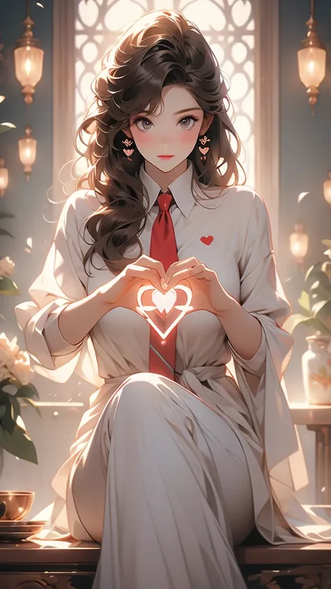 male and female characters make a heart shaped shape with hands and feet, heart, heart hands, 1girl, long hair, necktie, brown hair