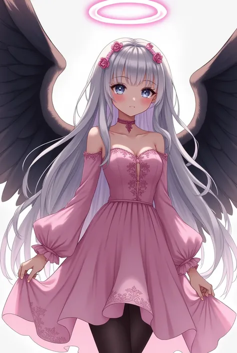 a beautiful girl with silver long hair, gray eyes. pink hair gradations, wearing a pink dress ellegant, wearing black wings. and an angel halo overhead. Cool expression. Full body, high hells and black stocking