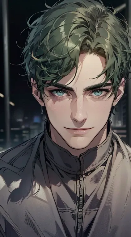 (best quality,4k,8k,highres,masterpiece:1.2),ultra-detailed,(realistic,photorealistic,photo-realistic:1.37),1 man,31 years old,mature man,very handsome,without expression,smile,short green hair,blue eyes,penetrating gaze,perfect face without errors,imposin...