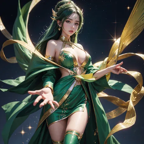 full body, matte painting of a green haired anime girl with sparkling brown eyes with Star motif, wearing a traditional green kebaya, holding hair, her hand is wearing a sparkling green ring, detailed glitter, deep color, fantastic, intricate details, spla...