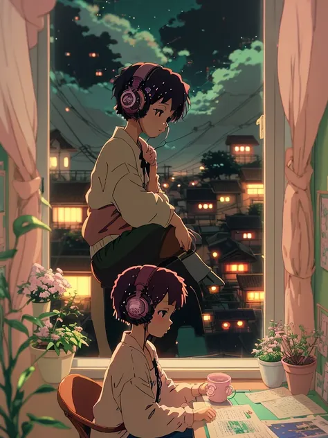 Anime style, (dreamlikeart), (soft focus), cozy room setting, girl with headphones, [(Lofi beats:1.3)|ambient music], (anime art), [(cherry blossoms|bookshelf:0.5)], [reflective surface:0.8], [(pastel colors:1.2)|subdued tones], [(attention to details:1.1)...