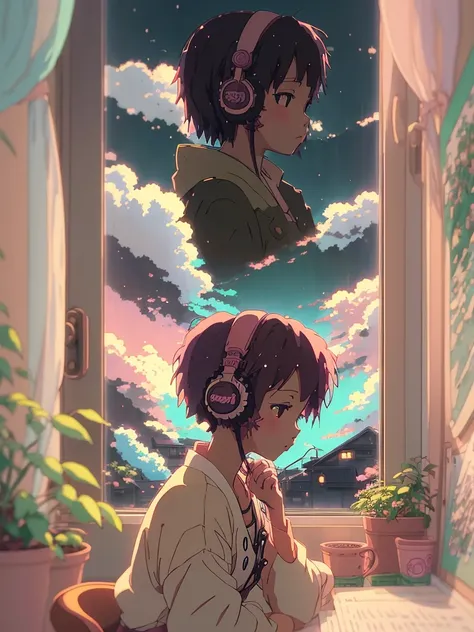 Anime style, (dreamlikeart), (soft focus), cozy room setting, girl with headphones, [(Lofi beats:1.3)|ambient music], (anime art), [(cherry blossoms|bookshelf:0.5)], [reflective surface:0.8], [(pastel colors:1.2)|subdued tones], [(attention to details:1.1)...