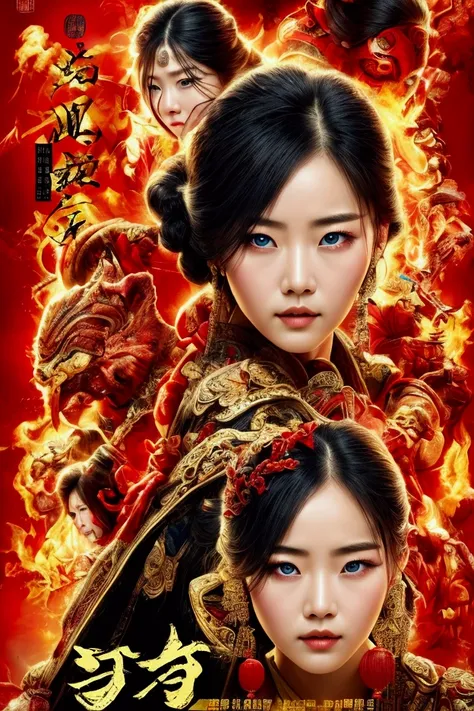 (best quality, movie poster style), a beautiful woman with (a red eye:1.2),(meaningful chinese writing:1.1), combining the eleme...