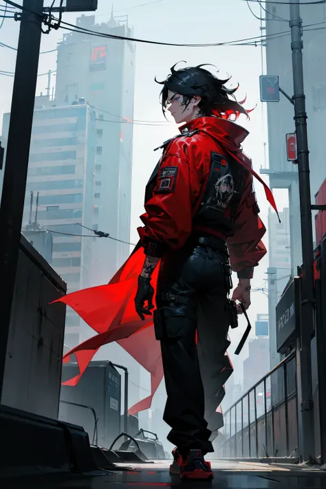 1 men, Bblack hair, blue colored eyes, Messy hair, cyberpunk facial implant, neck and arm tattoos, modern clothing, red coat, Black baggy pants, city background, walking on the path, detailed back ground, face detailed, unexpressive