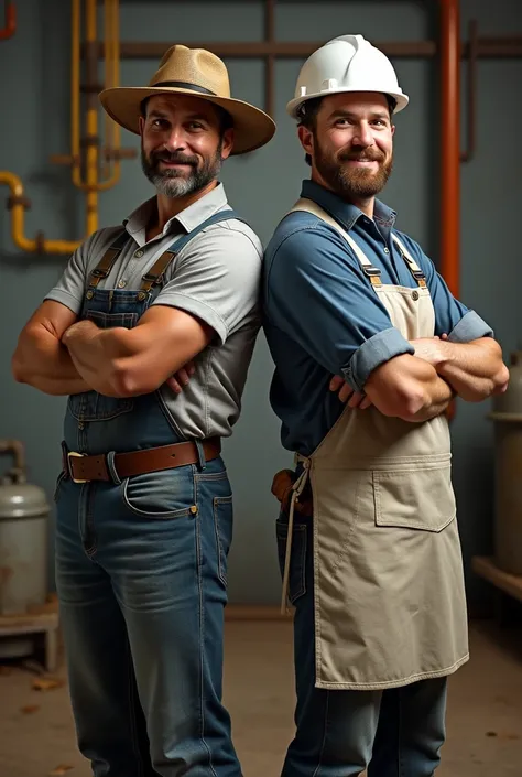 2 people smiling with arms crossed, a farmer with a hat and an industrial engineer with a white helmet and apron. Both in profile and from behind. both men. Full body image with legs and feet.