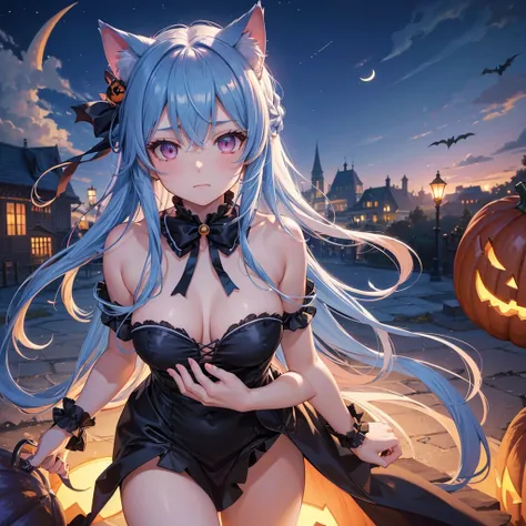 (Sky Blue Hair),(Braided medium hair), (Pink Eyes),Fair skin) ,(whole body),(One Girl),(Crescent Moon),(There are many pumpkin ghosts in the background),Cat ear,Cat costume,(Trick or Treat),Halloween Night Party),(masterpiece, Highest quality, Very detaile...