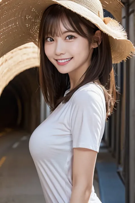 (Inside the tunnel), One girl, Big Breasts, smile, T-Shirts, Panties, Straw hat,