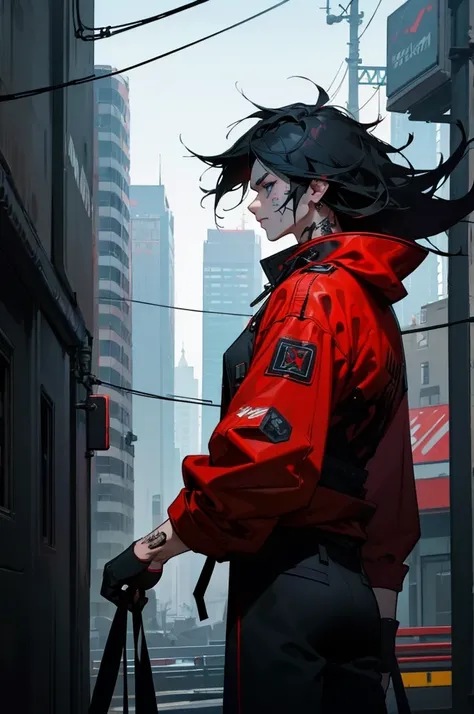 1 men, Bblack hair, blue colored eyes, Messy hair, cyberpunk facial implant, neck and arm tattoos, modern clothing, red coat, Black baggy pants, city background, walking on the path, detailed back ground, face detailed, unexpressive