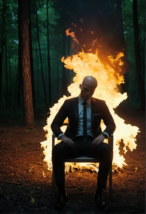 Man sitting in the middle of the forest on a chair in the middle of the night, in a black suit with his head on fire, 4K quality 