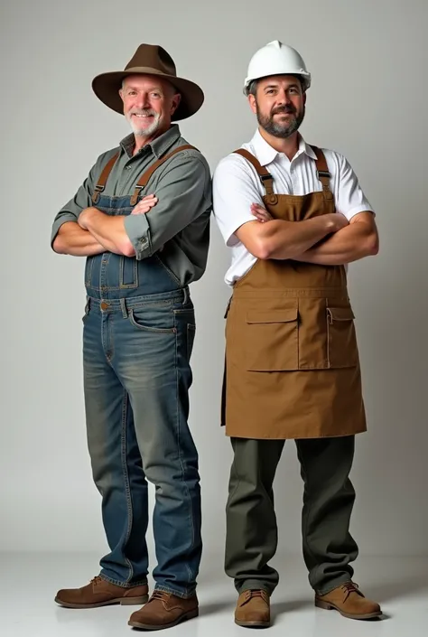 2 people smiling with arms crossed, a farmer with a hat and an industrial engineer with a white helmet and apron. Both in profile and from behind. both men. Full body image with legs and feet.