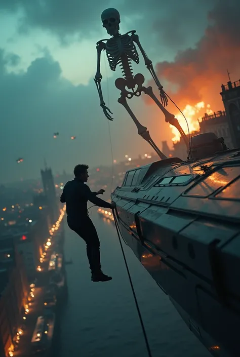 epic movie still, close-up view on cinematic boat cam, the boat is a futuristic ship, the futuristic ship is flying tilted on the sky of london, the london skyline is visible in the distance, the london skyline is seen at a dutch angle, the london skyline ...