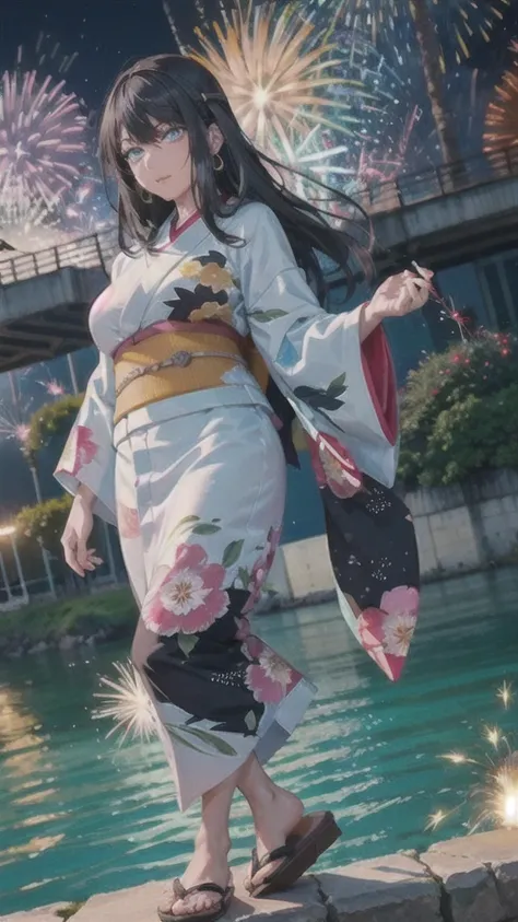 ((Correct Anatomy)),((yukata))((Walking along the river)),((night)),((firework)),(((stall))),((大きなfirework)),((Vivid kimono)),((Beautiful feet)),Ultra-high resolution, Mature Woman, Mature Woman, Very detailed, ((Big Tits)), Perfect hands, Detailed fingers...