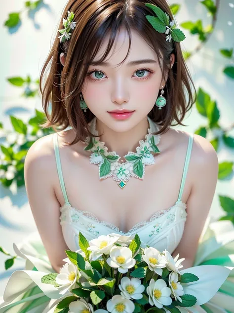 8k,Confused, High resolution, Very detailed, 1 girl, alone, Very beautiful eyes, Ultra-precise depiction, artistic、Very detailed depiction, (Tangled:1.2), , (White high key background:1.5), (((White dress with mint green floral pattern 1.5))), 、 short hair...