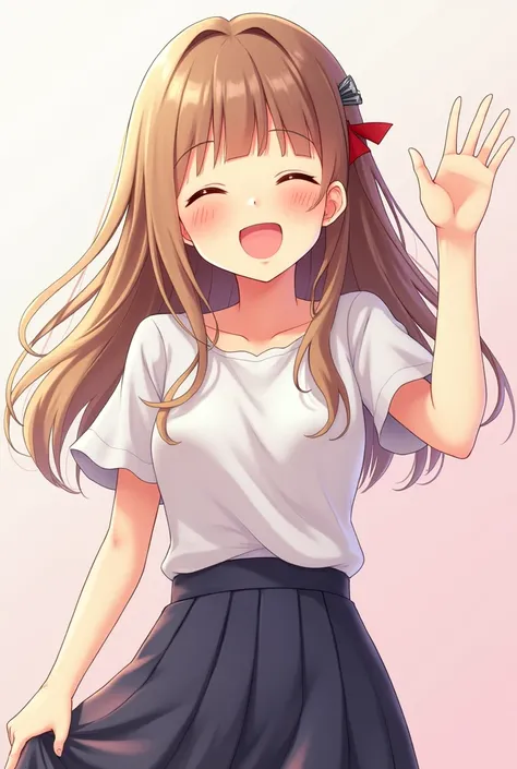 an adorable anime girl with straight and wavy hair waving happily and excitedly 
