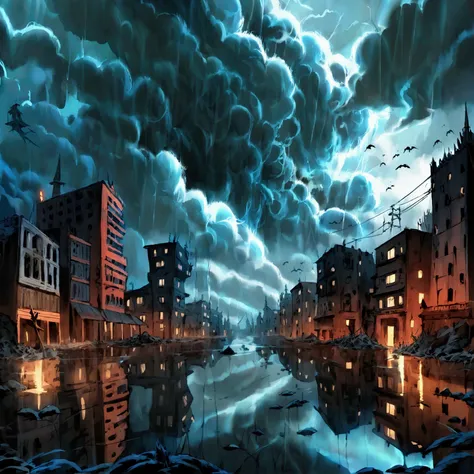 "An abandoned city in the middle of a thunderstorm, with black and stormy clouds filling the sky. Old buildings sway under the force of the wind, while broken glass and lightless windows reflect the gloomy atmosphere. In the center of the scene, A stagnant...