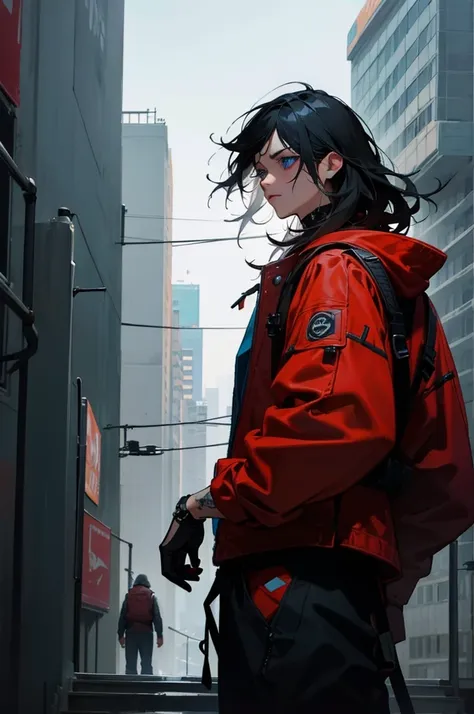 1 men, Bblack hair, blue colored eyes, Messy hair, cyberpunk facial implant, neck and arm tattoos, modern clothing, red coat, Black baggy pants, city background, walking on the path, detailed back ground, face detailed, unexpressive