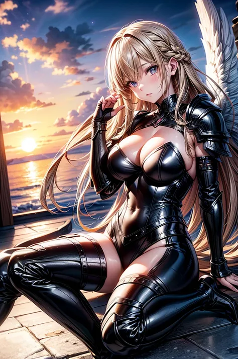 female archangel prepared for battle, an extremally beautiful warrior valkyre, ultra feminine, long hair, dark blonde hair, braided hair, wearing divine heavy armor, long leather boots, cleavage, big breasts, (white armor: 1.2), full plate armor, (angel wi...