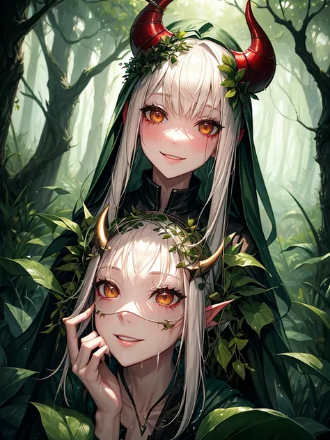 (masterpiece, Best quality:1.1), (fsc_Art:1.08), 1 girl, Alone, huntress, white skin,  sclera, mask, horns, plant girl, smile, rain, wet, outdoors, night, forest, tree , grass, plant, bush, blush 