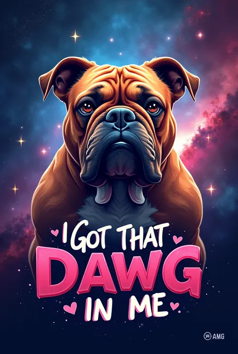 A galaxy themed background with a bulldog that says “I got that dawg in me” and the words I got that dawg in me on the image