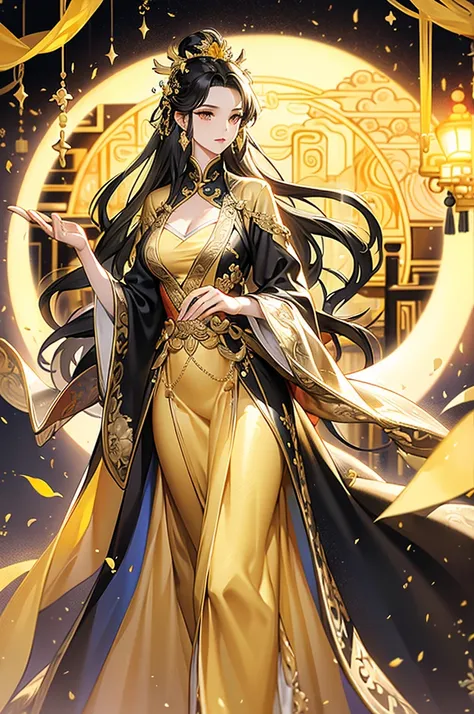 black hair, immortal, beauty, royal sister, stepmother, gold yellow taoist robe, golden phoenix coronet, hair bunch, beautiful b...