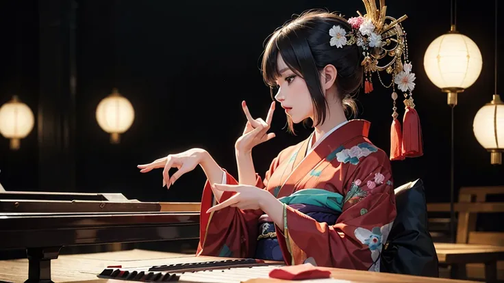 (Tabletop, Highest qualityの, Highest quality, Official Art, beautifully、aesthetic:1.2), (1 girl),Fancy costumes(Gorgeous Japanese kimono(colorful kimono(Detailed embroidery))), Very detailed,(Fractal Art),colorful,Best DetailsCreate an illustration of an a...