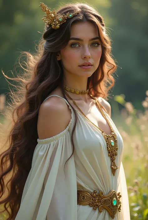 Kizi, long brown hair, Druid, forst, white gown, tails, blue colored eyes, especial effects, golden accessories, Linda
