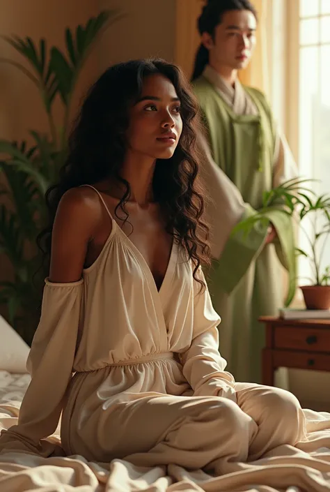 (photorealism:1.2), beautiful black woman, sitting on bed, wearing loose off-shoulder top, pajama pants, long curly hair, indoors, soft lighting, plants in background, window with sunlight, cozy room, relaxed pose, realistic, intricate details, warm colors...