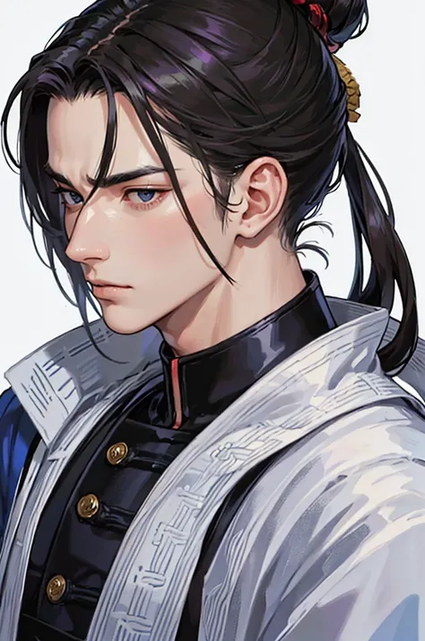 A close-up, dramatic portrait of Oda Nobunaga, emphasizing his unique and bold hairstyle. His head is partially shaved, with the front of his scalp completely bare, and the remaining hair tied back in a traditional topknot (chonmage). His intense eyes and ...