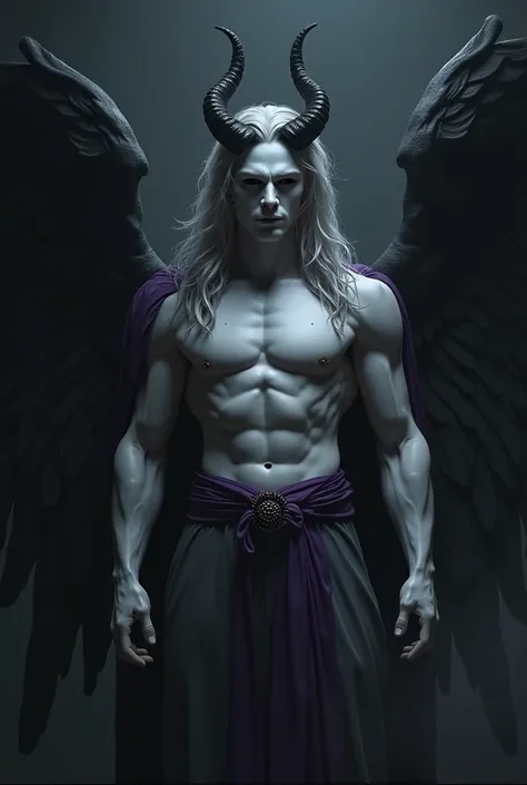 masterpiece, Best Quality, realist, photorealist, 8k, lucifer, 1 chico, male focus, Alone, standing, (purple dougi), White skin, horns, gray robe, Closed mouth, miranda to the spiteful, ((wavy hair)), arms at the sides, marked muscles, black eyes, Deep and...