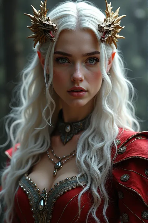 create a photo of Freya Allan with the Targaryen look: long platinum hair, elaborate and luxurious clothing with red and silver details. Maybe a dragon-inspired crown or tiara, to capture the essence of House Targaryen.