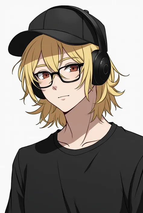 Male character messy blonde yellow hair,black headphones,black cap,black glasses,black shirt 
