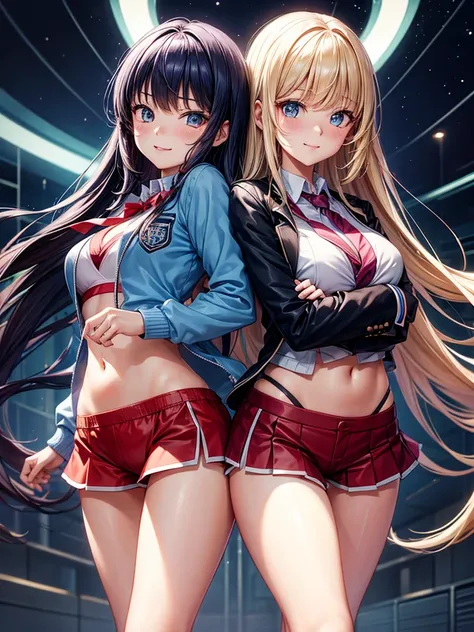 best quality，，smile，blazer，swimsuit，School，Collective of girls，Blue Track Jacket，Physical education class，JK，Sexy and cute，future，Wearing a fastener bra，zipper bra，Long Hair，She has her bangs down，evolution系ファッション，Cuteness at its finest，Sparkling，Red leath...