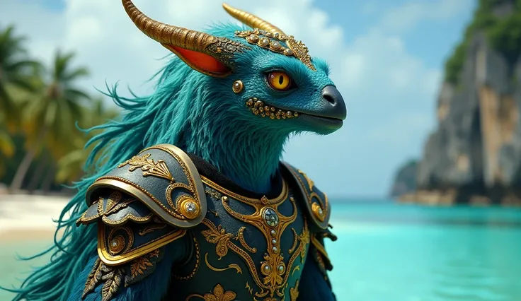 Bahamas as a caribbean League of Legend creature in azure, black and gold yellow colors. Intricated clothing. Cinematic Fantasy sci-fi landscape background